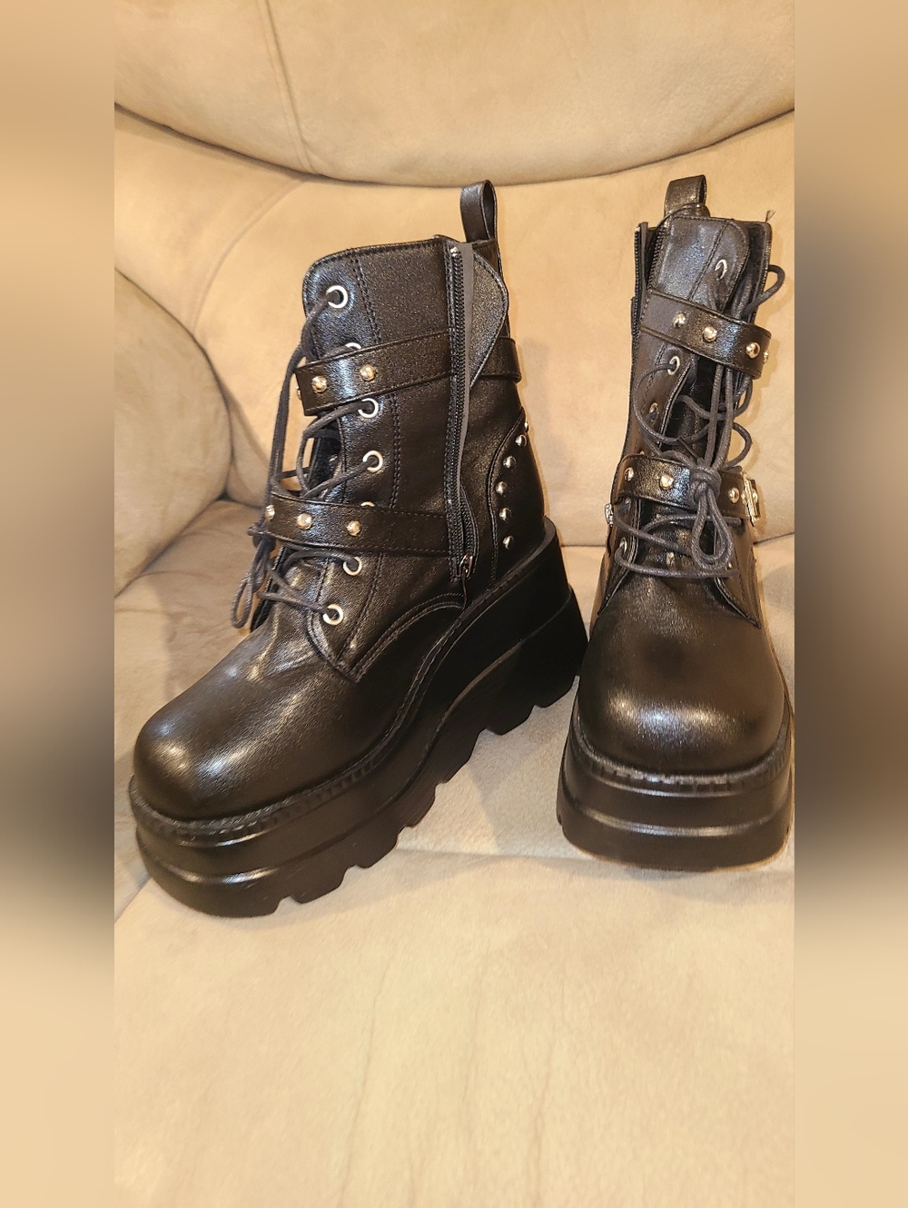 Platform Combat Boots with Stud Detail - Black - Picture 3 of 4
